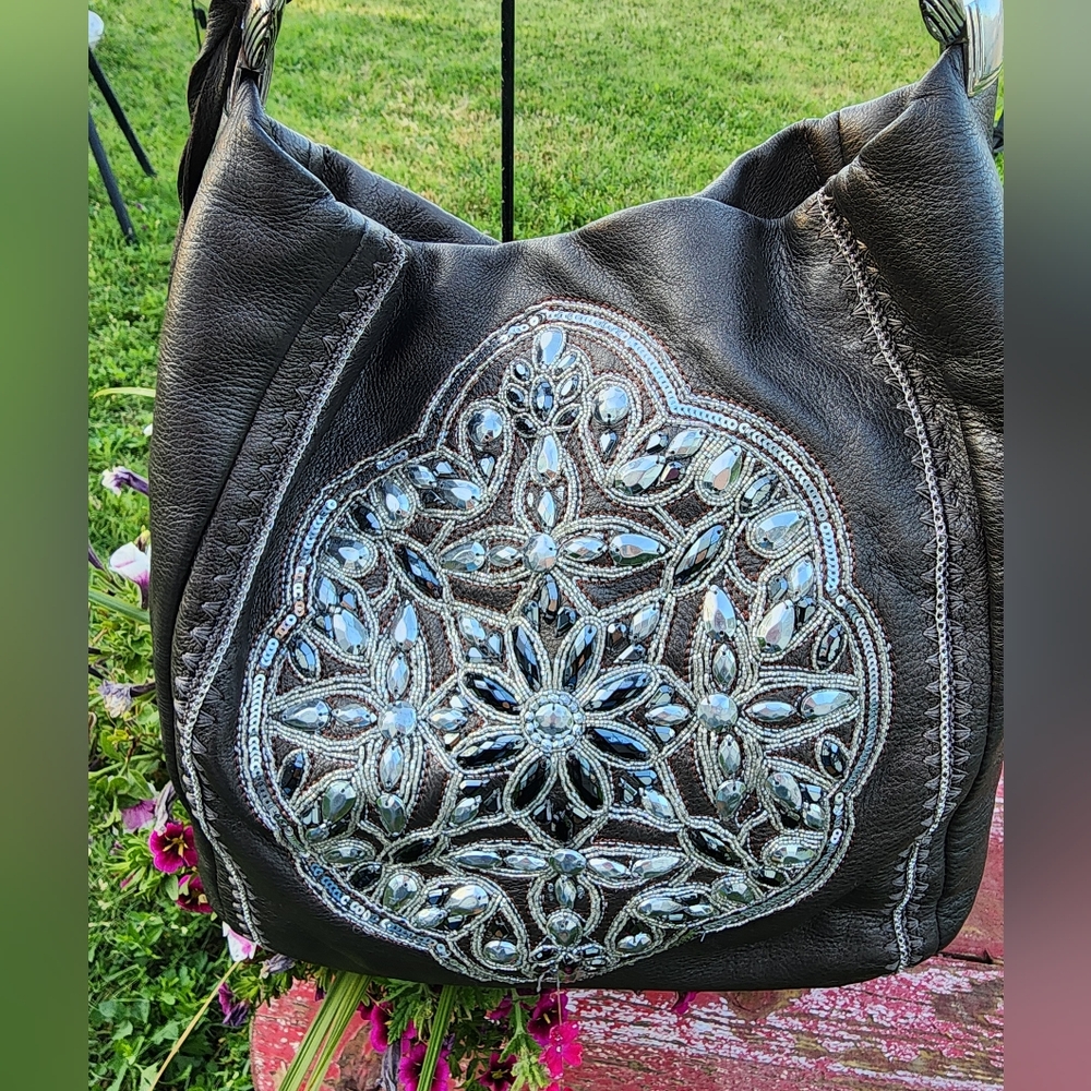Brighton Anju Beaded Soft Bucket Bag Pewter Masterpiece Collection